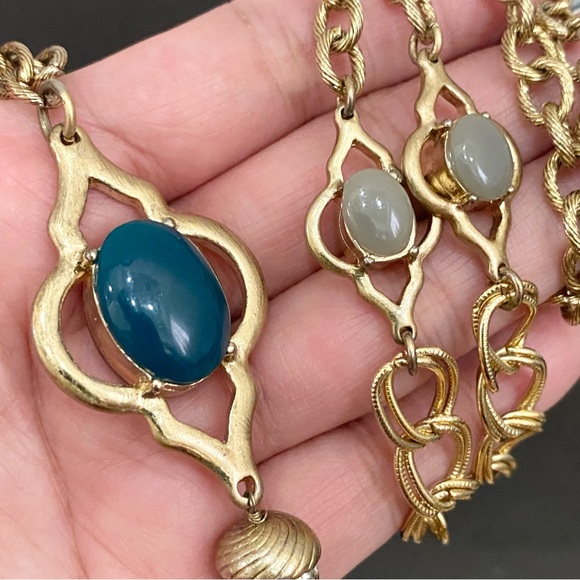 Vintage Double Sided Semi-Precious Stone Gold-tone Chain Tassel Necklace - Picture 14 of 16